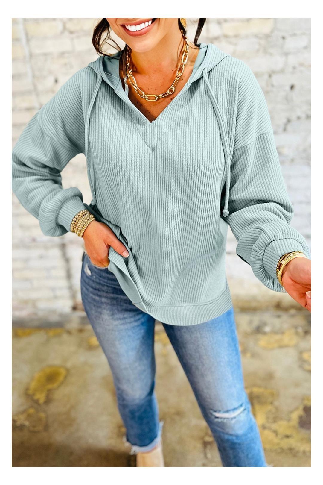 Clearly Aqua Ribbed Drop Shoulder Knit Hoodie by EVERYDAY THE LABEL