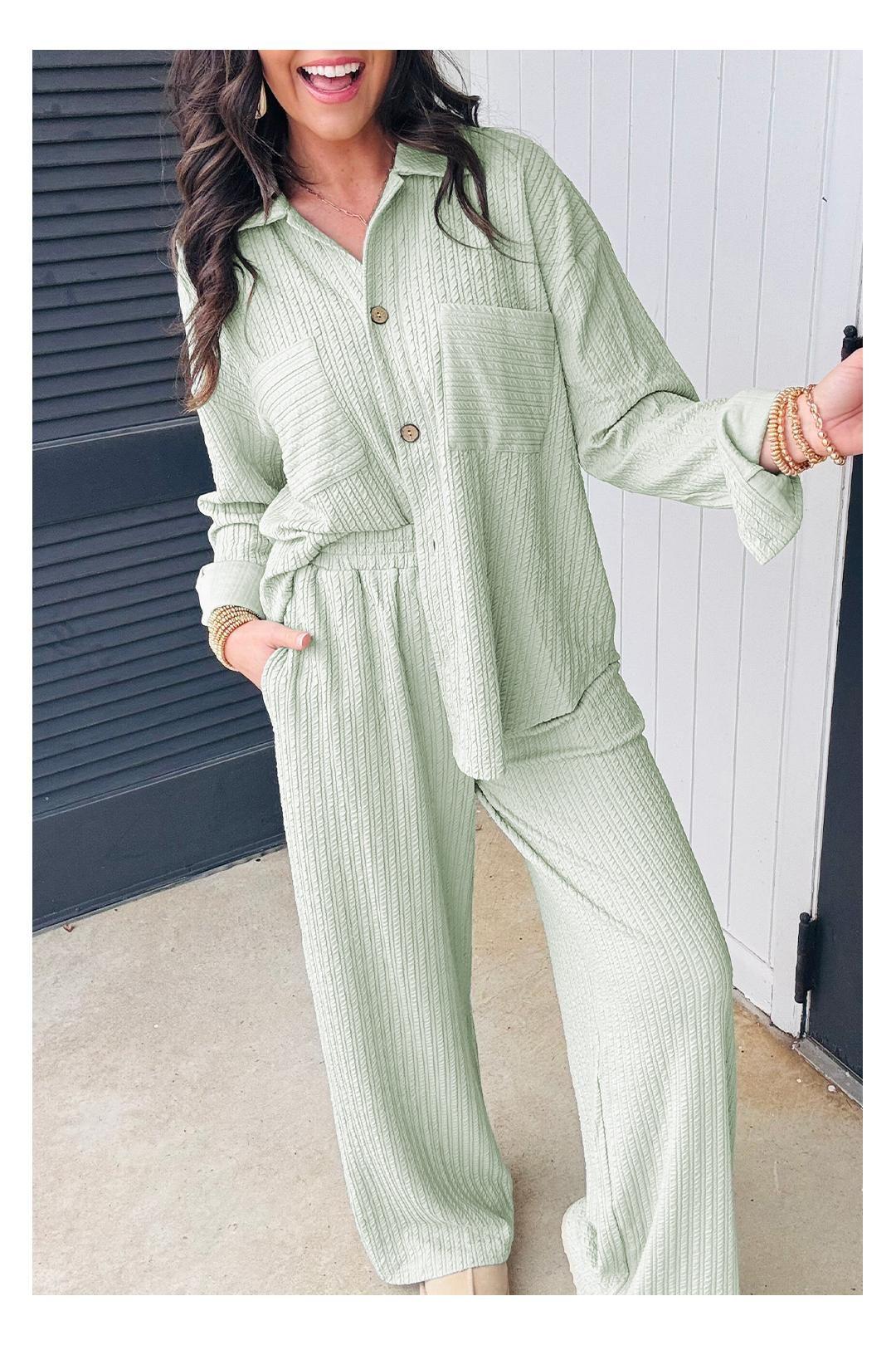 Clearly Aqua Textured Patched Chest Pocket Shirt and Pants Set by EVERYDAY THE LABEL