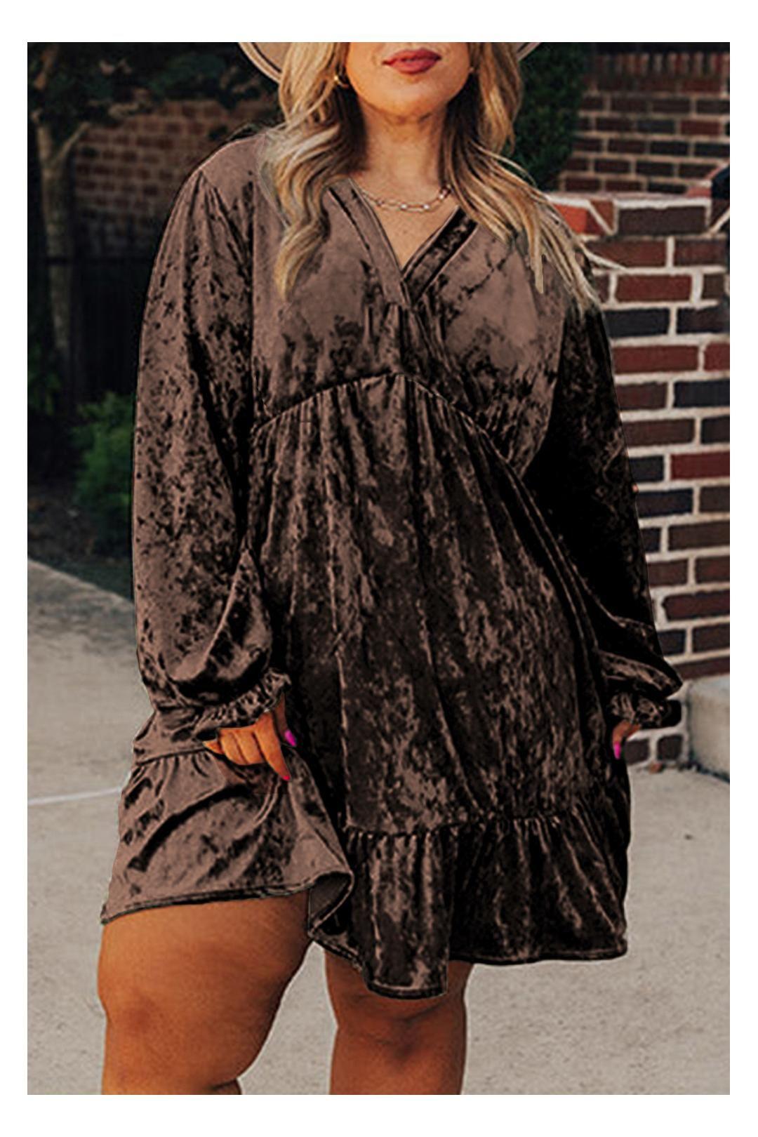 Coffee Plus Size Velvet Babydoll Mini Dress with Puff Sleeve by EVERYDAY THE LABEL