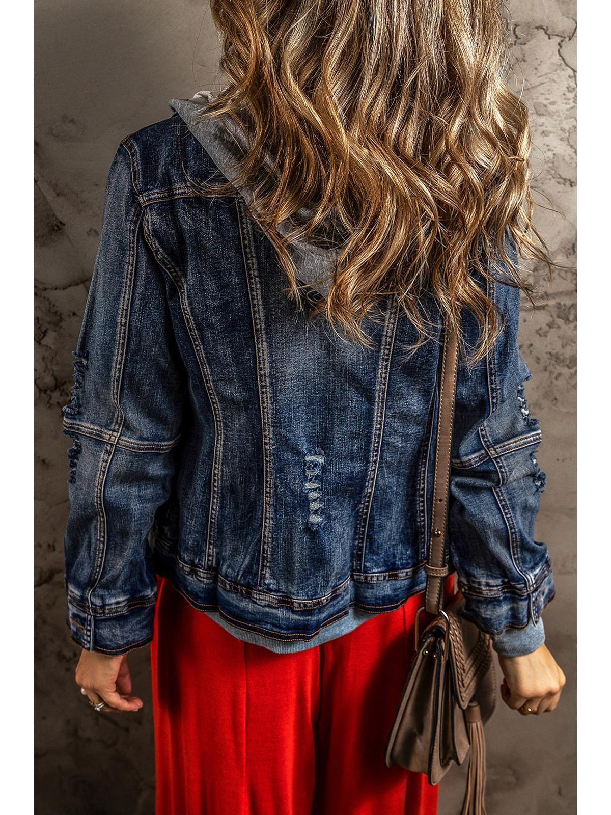 Dark Blue Fake Two-Piece Hooded Zip-Up Denim Jacket by EVERYDAY THE LABEL Dark Blue Fake Two-Piece Hooded Zip-Up Denim Jacket by EVERYDAY THE LABEL