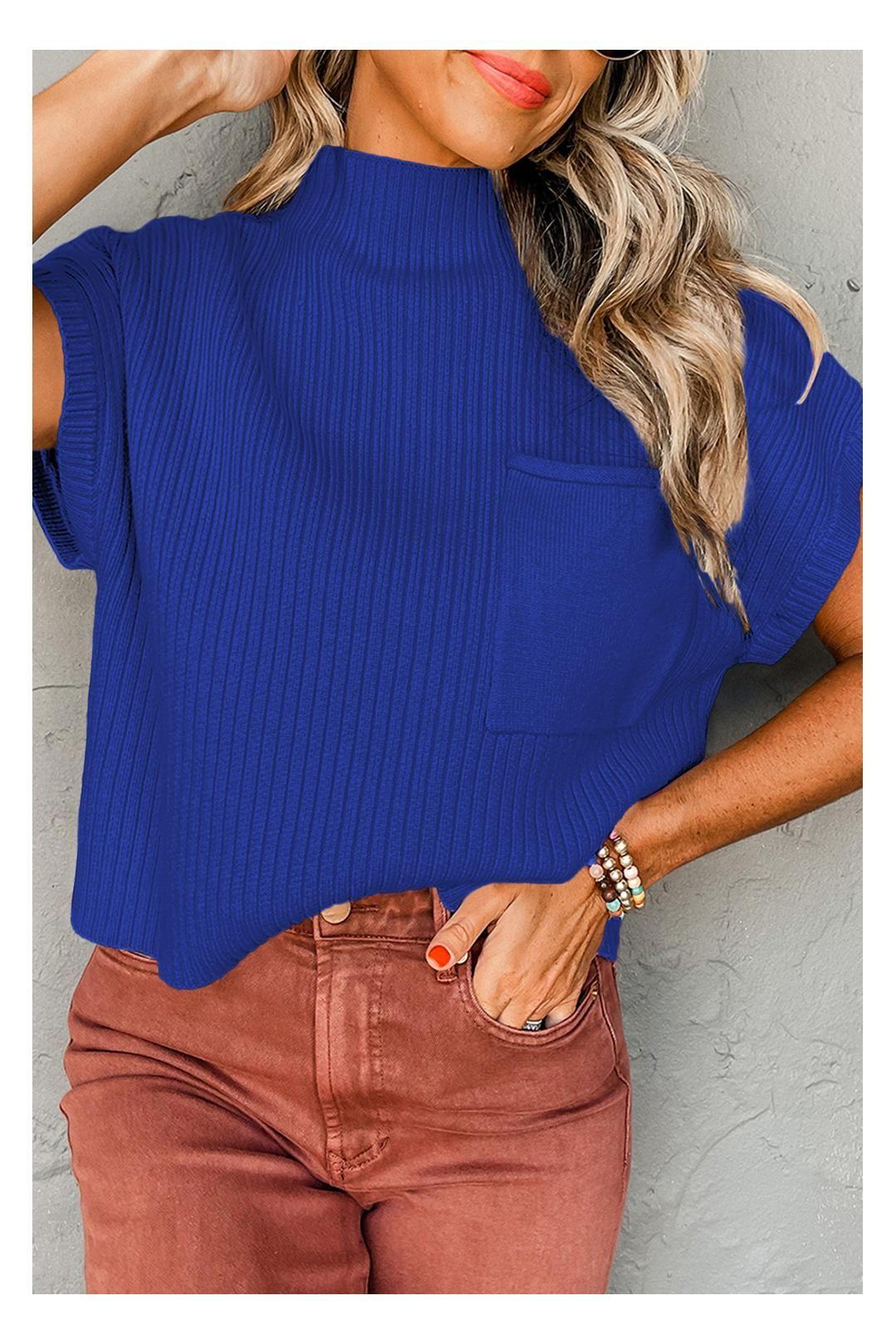 Dark Blue Patch Pocket Ribbed Knit Short Sleeve Sweater by EVERYDAY THE LABEL Dark Blue Patch Pocket Ribbed Knit Short Sleeve Sweater by EVERYDAY THE LABEL