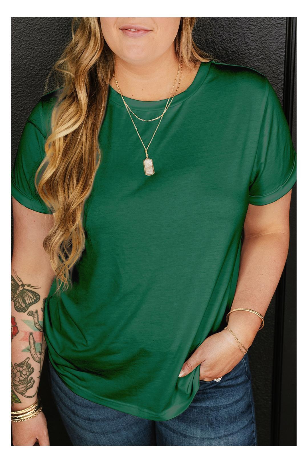 Dark Green Round Neck Rolled Sleeve Plus Size T-shirt by EVERYDAY THE LABEL