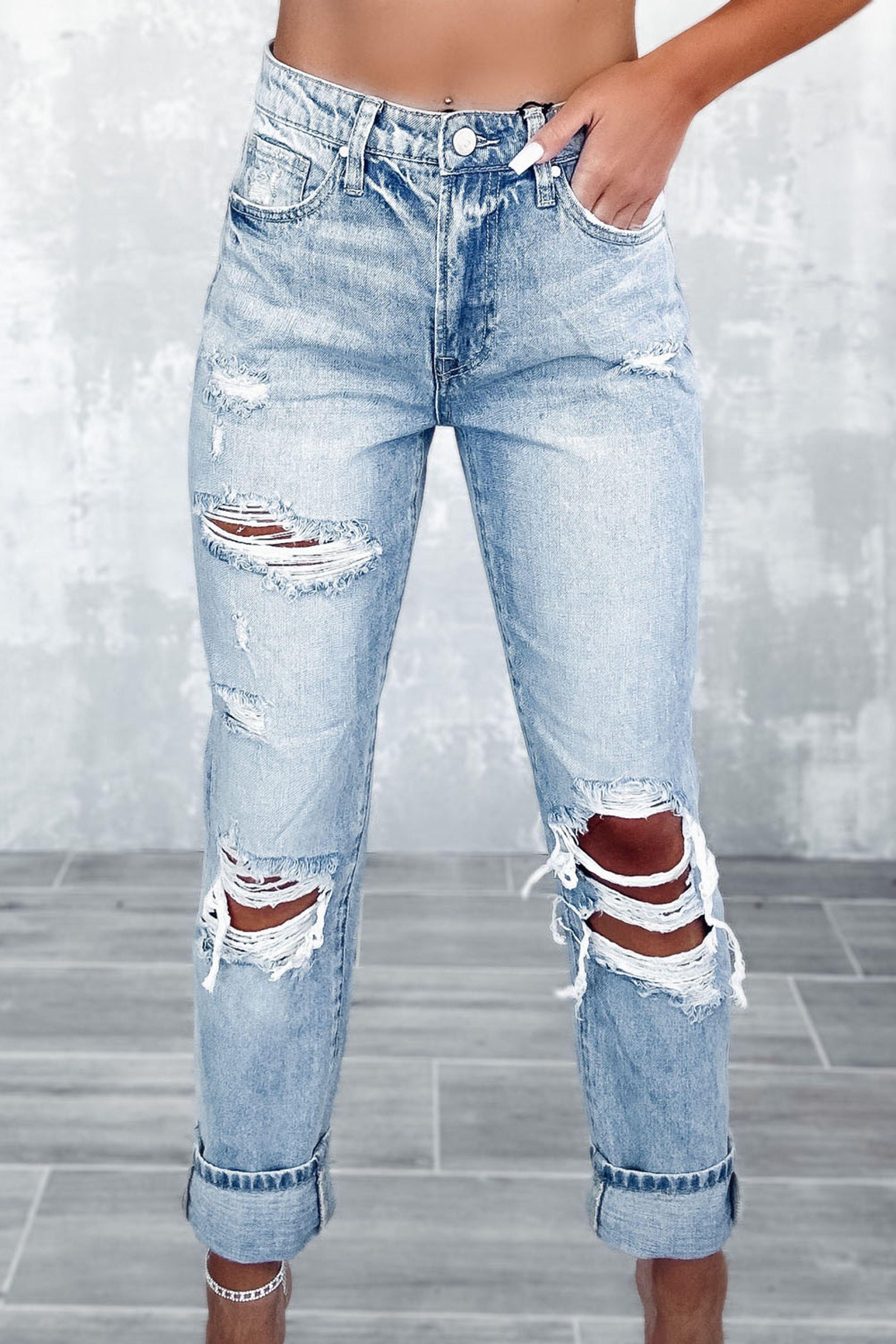 Distressed Boyfriend Jeans Cuffed Hem by EVERYDAY THE LABEL