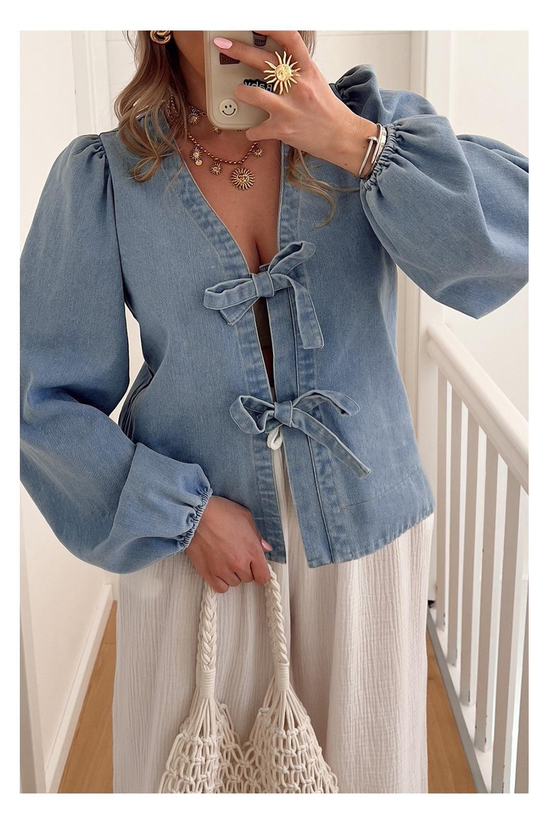 Dusk Blue Tied Front Long Puff Sleeve Denim Top by EVERYDAY THE LABEL