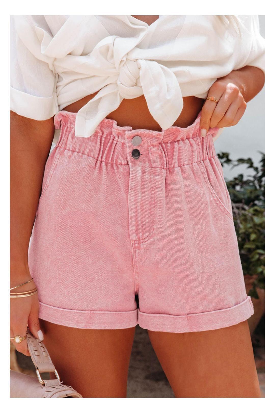 Dusty Pink Vintage Washed Frilled High Waist Denim Shorts by EVERYDAY THE LABEL