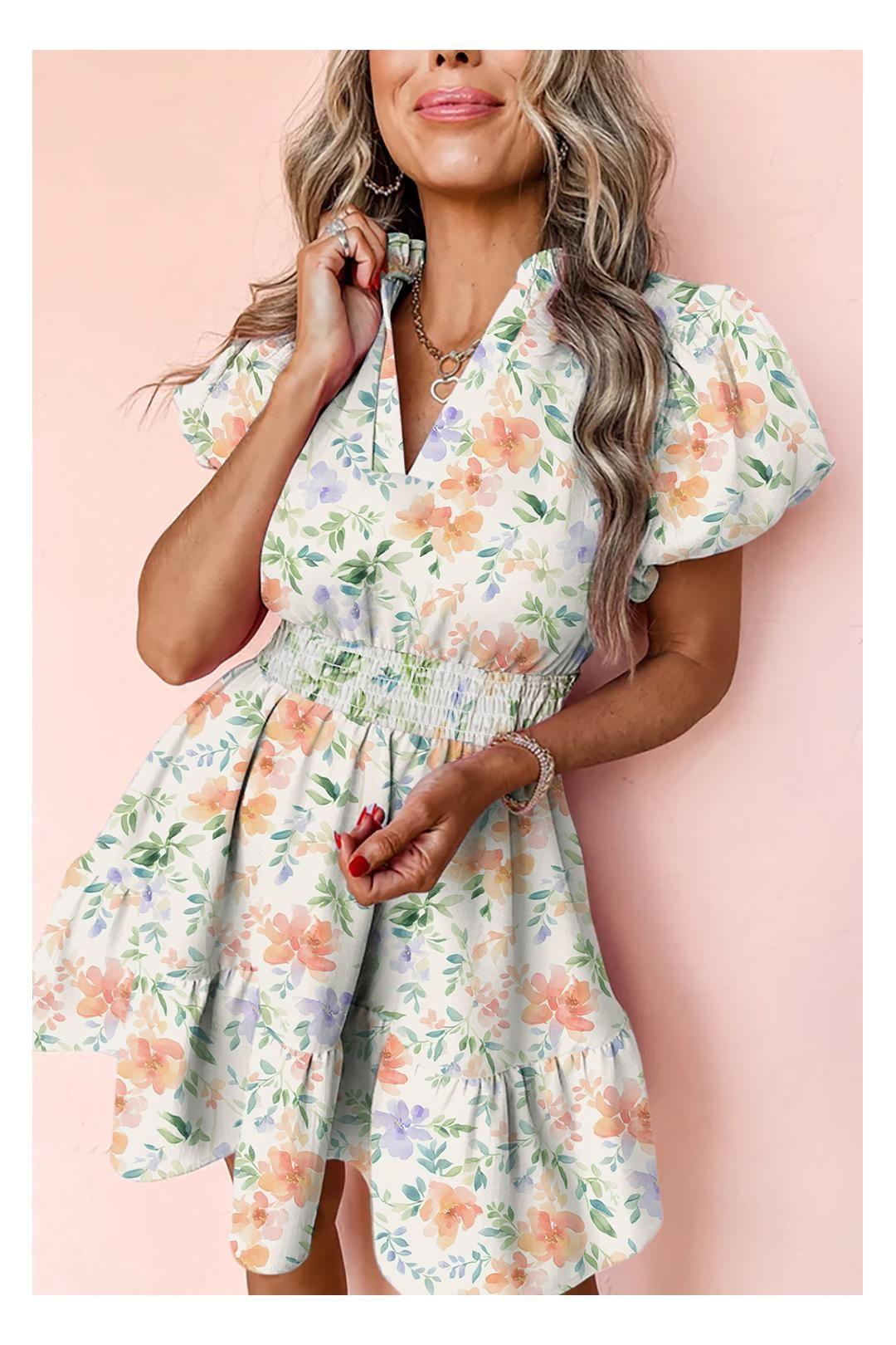 Floral Mini Dress Puff Sleeves Tiered by EVERYDAY THE LABEL