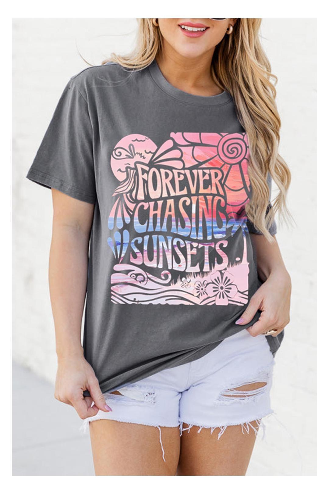 Gray FOREVER CHASING SUNSETS Graphic Summer T Shirt by EVERYDAY THE LABEL