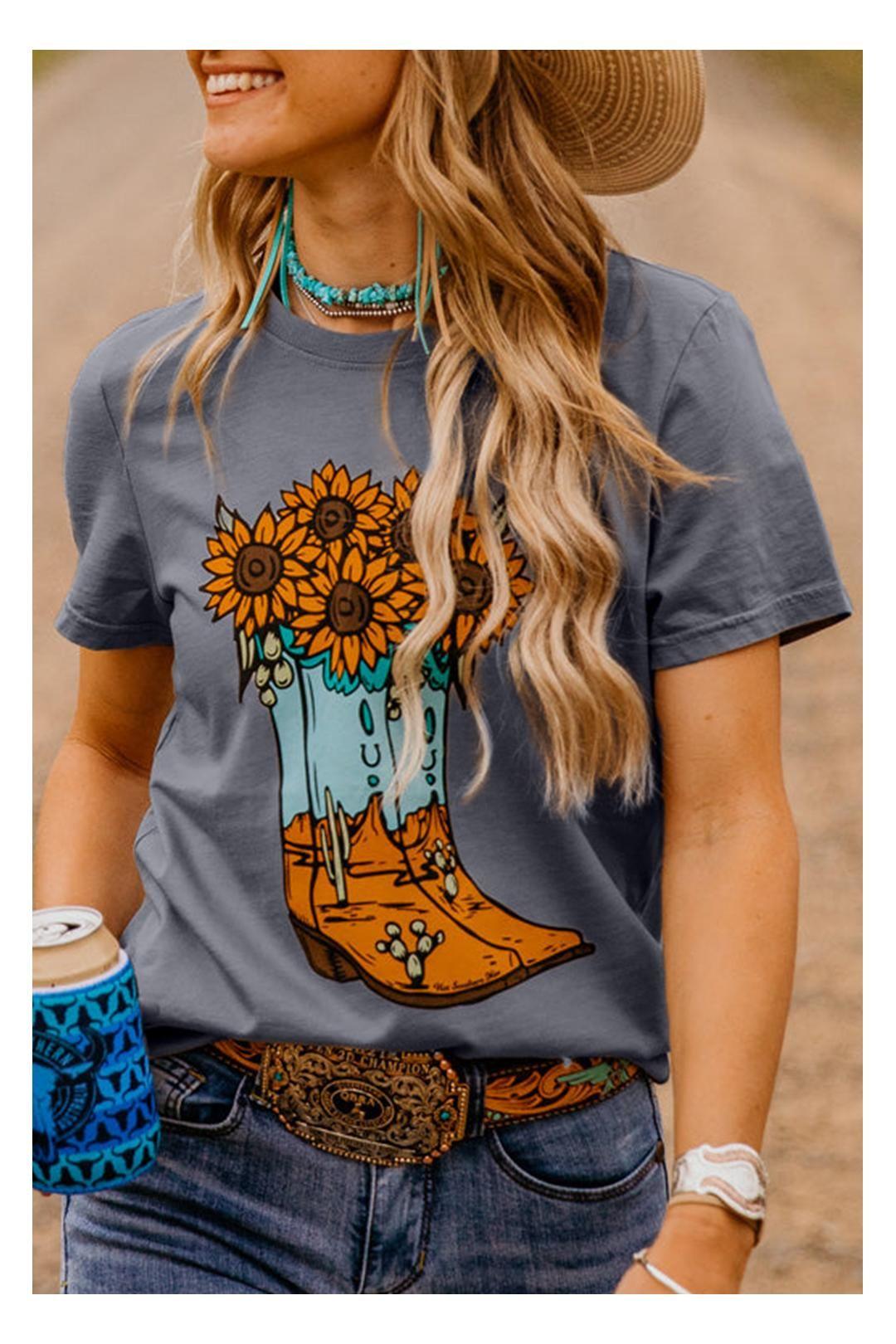 Gray Sunflower Cowgirl Boots Print Western Fashion T Shirt by EVERYDAY THE LABEL
