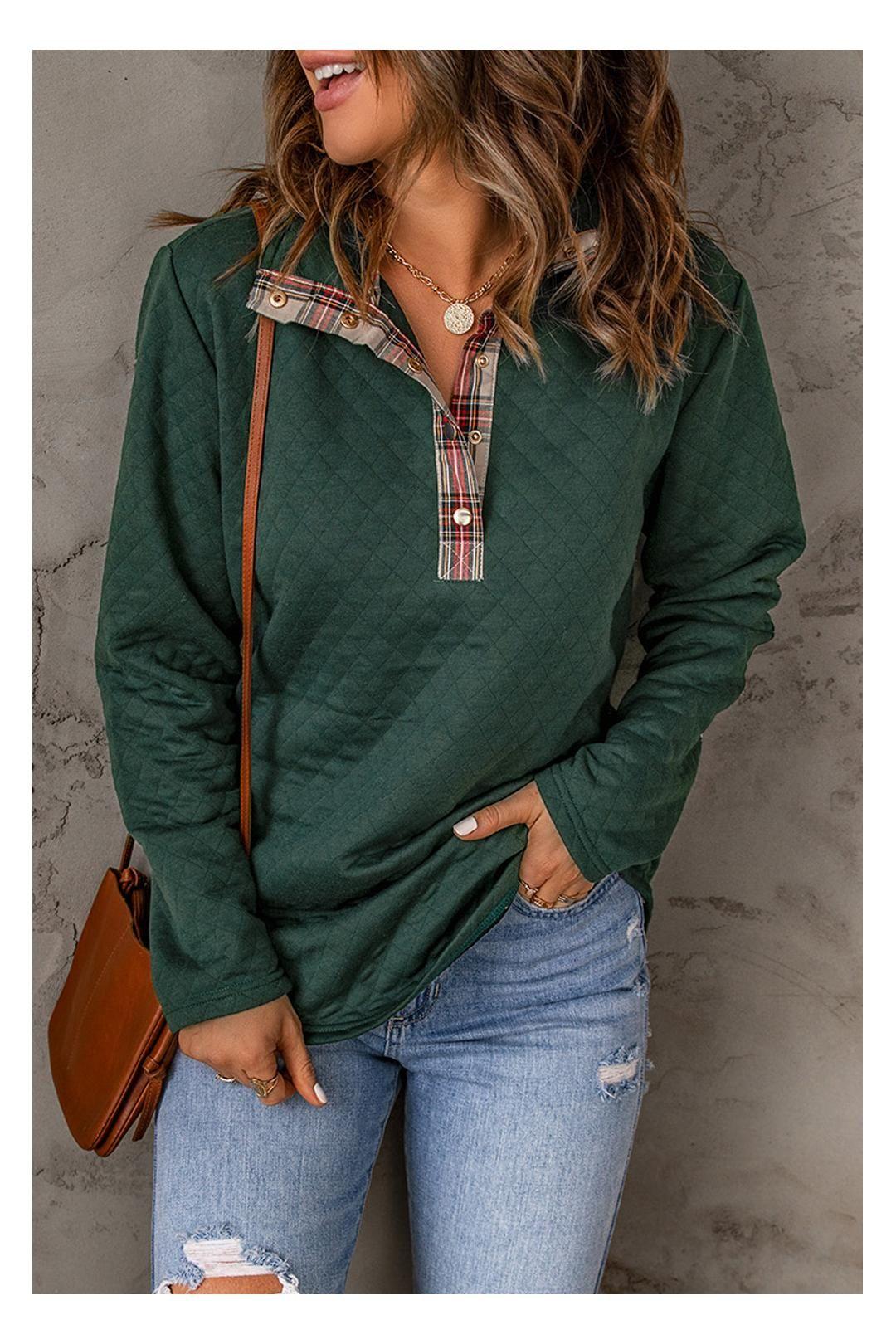 Green Geometric Texture Plaid Trim Sweatshirt by EVERYDAY THE LABEL