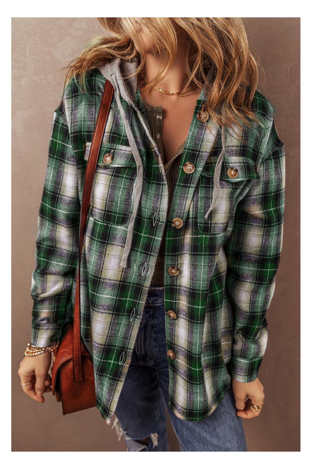 Green Plaid Print Chest Pocket Buttoned Hooded Shacket by EVERYDAY THE LABEL