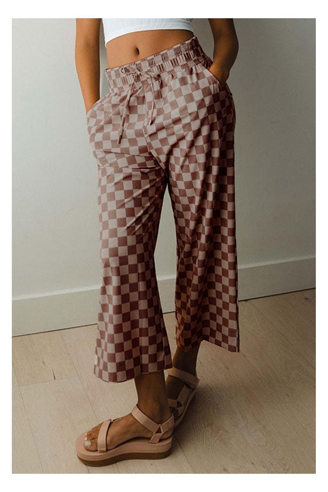 Khaki Checkered Elastic High Waist Loose Casual Pants by EVERYDAY THE LABEL
