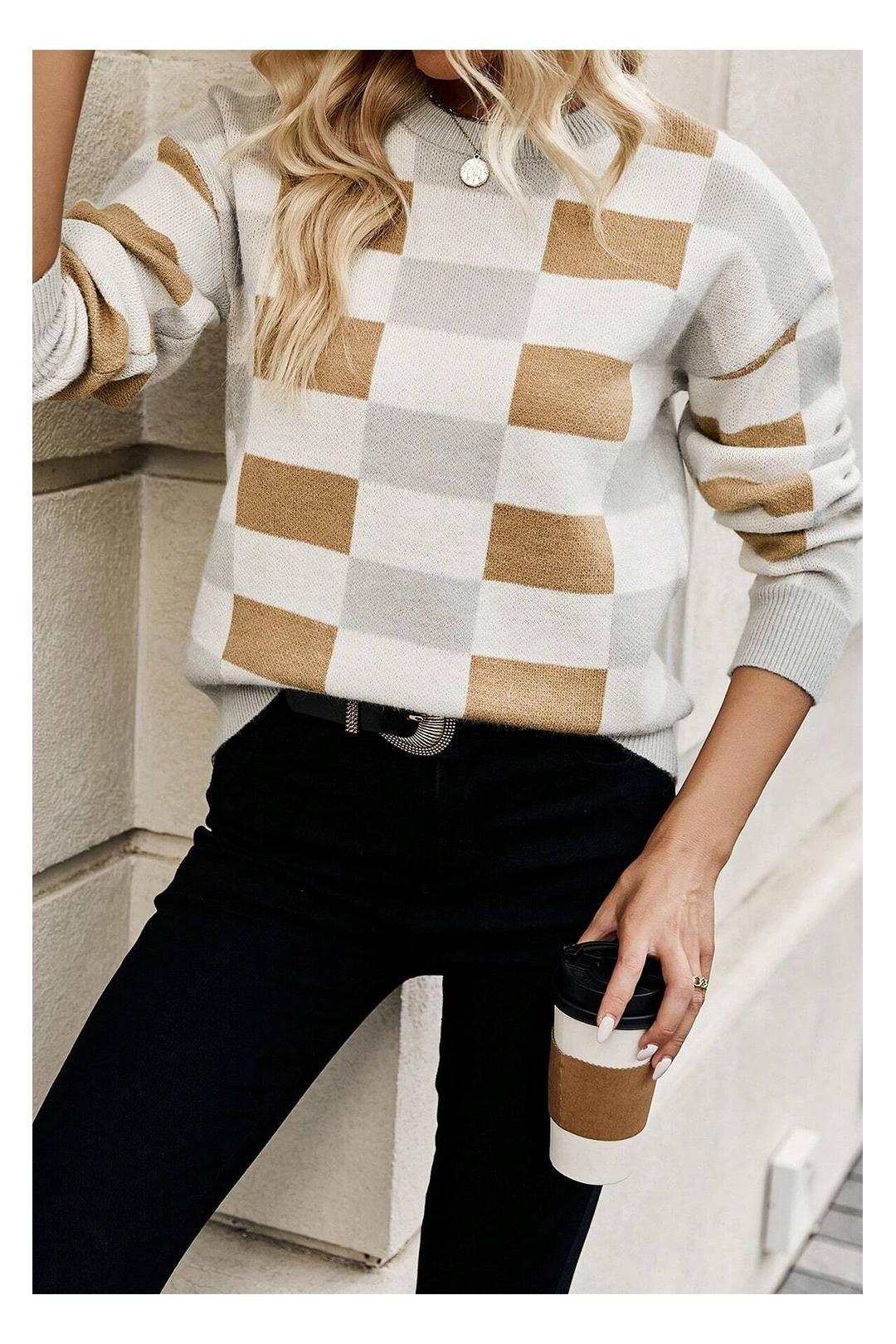Khaki Checkered Ribbed Edge O Neck Drop Shoulder Sweater by EVERYDAY THE LABEL