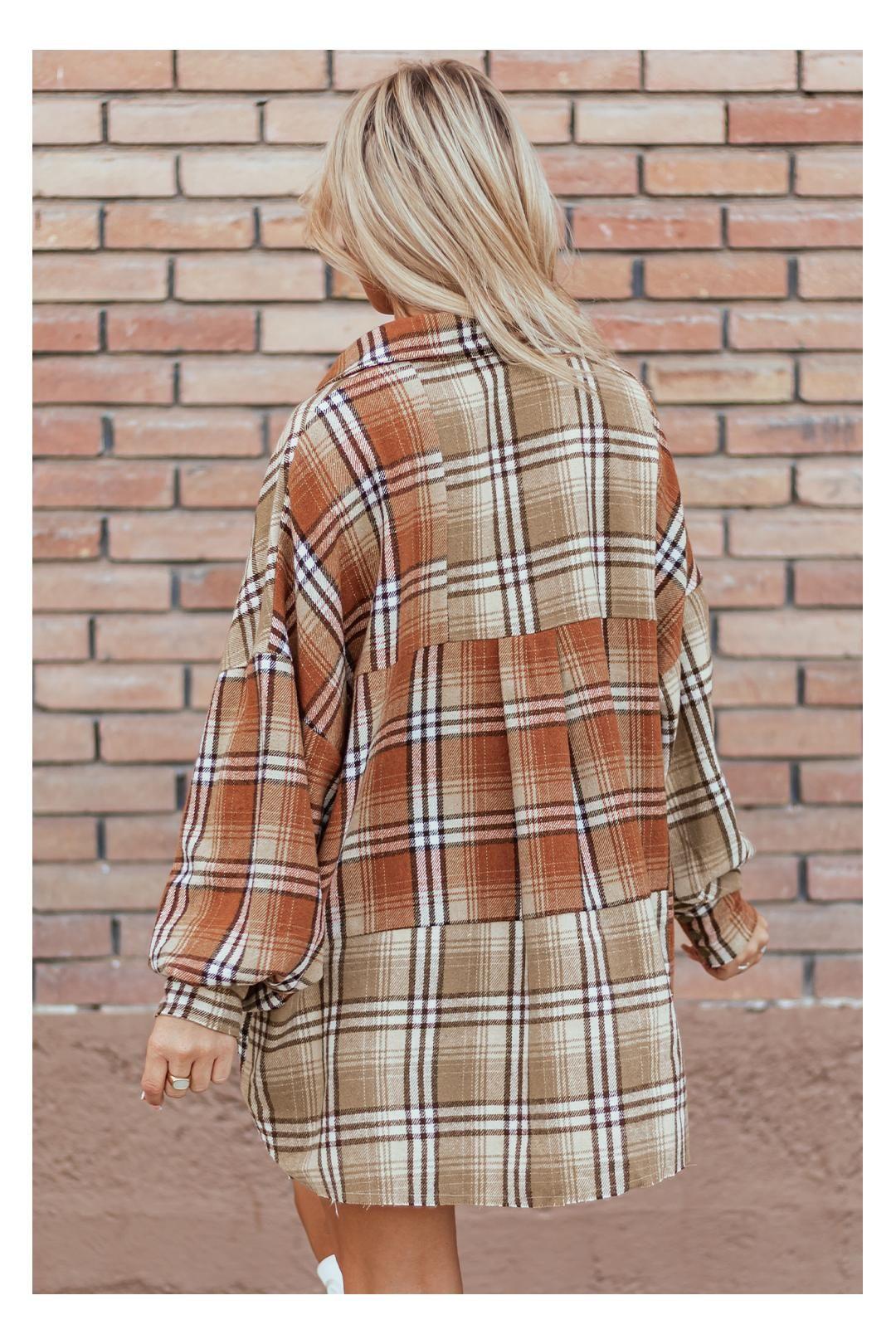 Khaki Plaid Colorblock Patchwork High Low Shacket by EVERYDAY THE LABEL