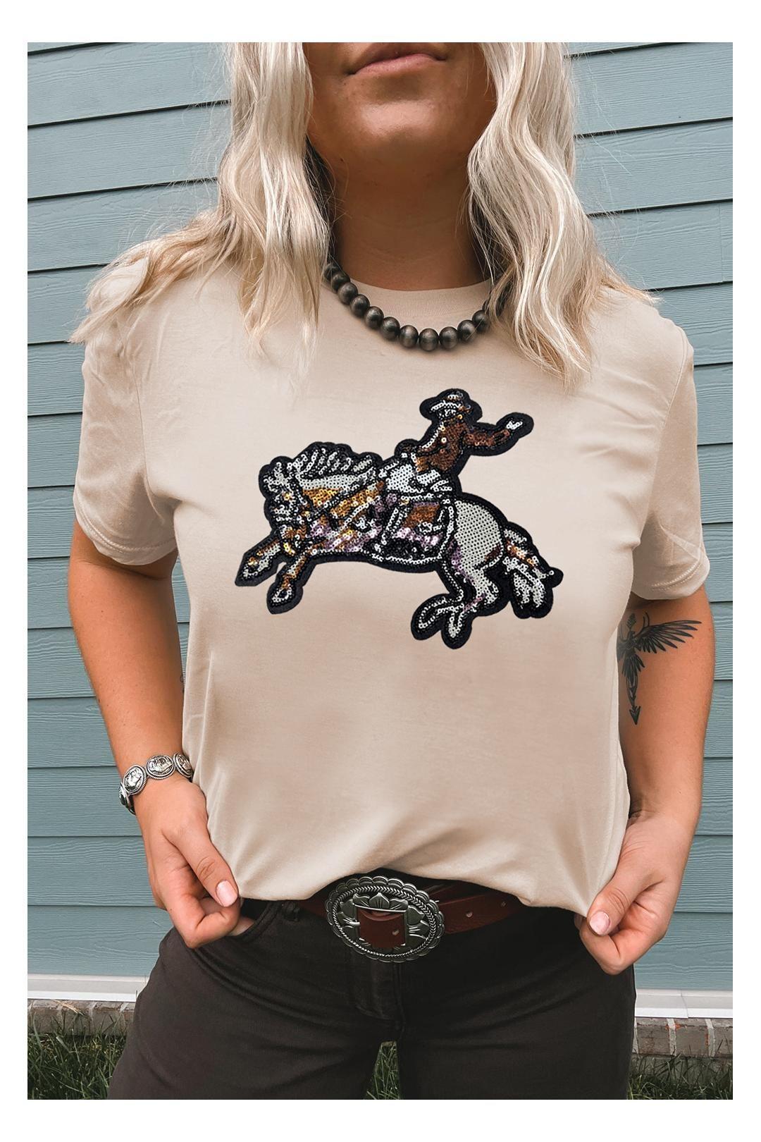 Khaki Sequin Rodeo Graphic Crewneck Tee by EVERYDAY THE LABEL