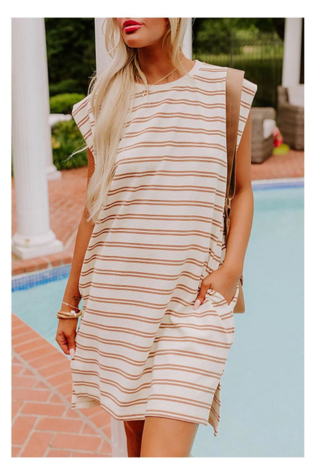 Khaki Stripe Round Neck Sleeveless Casual Pocketed Mini Dress by EVERYDAY THE LABEL