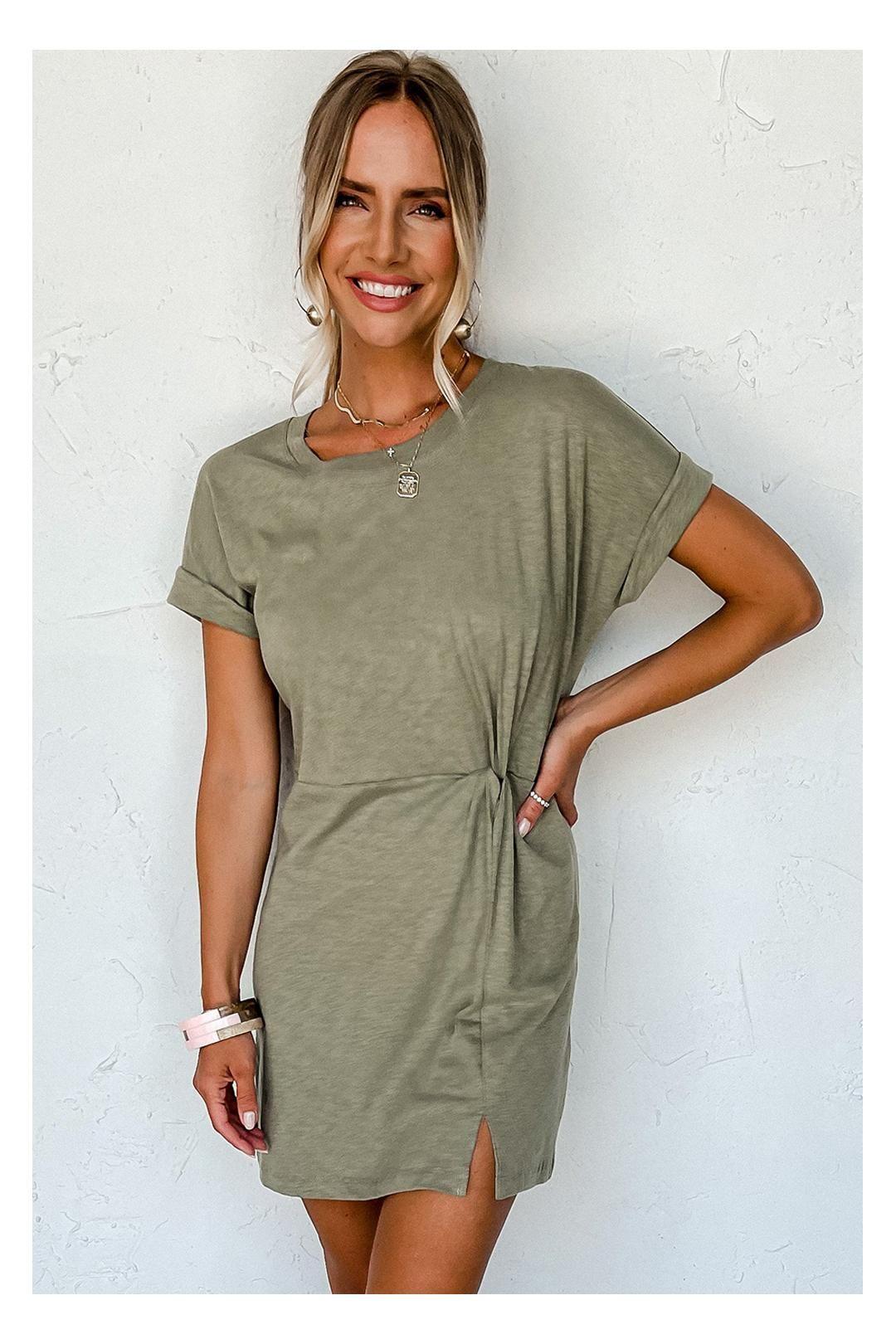 Laurel Green Folded Sleeve Twisted Mini T-shirt Dress by EVERYDAY THE LABEL