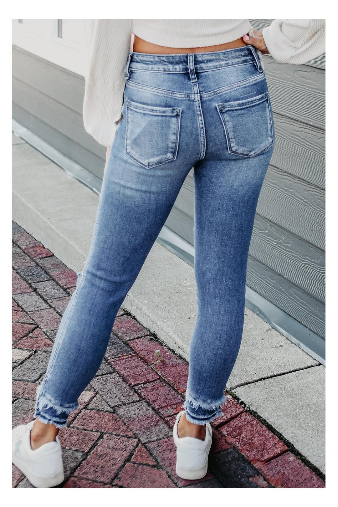 Light Blue Distressed Frayed Ankle Skinny Jeans by EVERYDAY THE LABEL