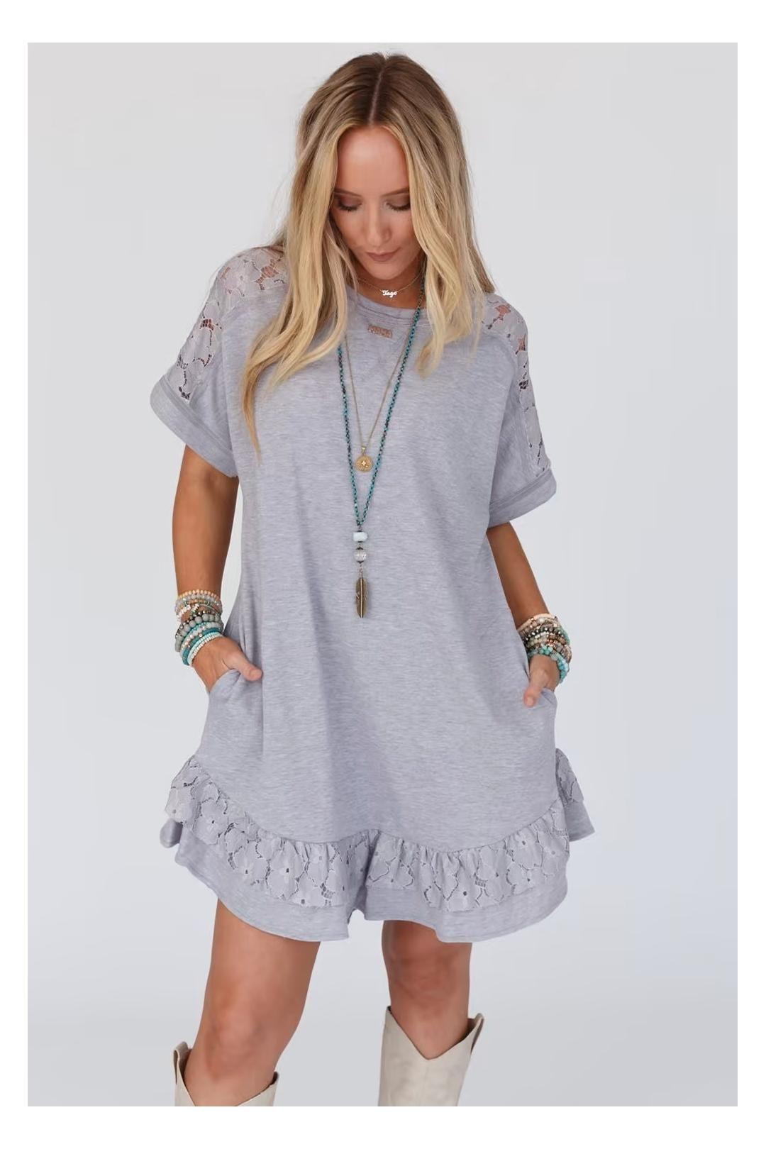 Light Grey Lace Floral Patchwork Ruffled T-shirt Dress by EVERYDAY THE LABEL