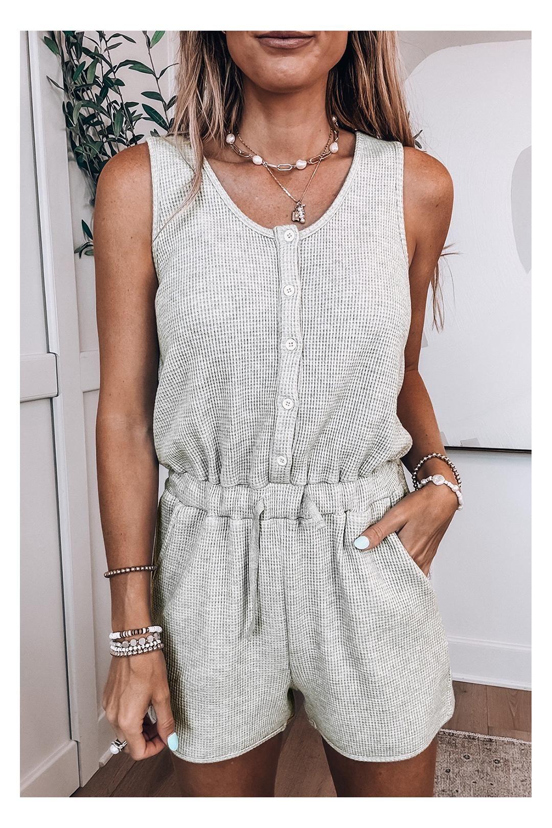 Light Grey Waffle Knit Sleeveless Buttoned Front Drawstring Waist by EVERYDAY THE LABEL