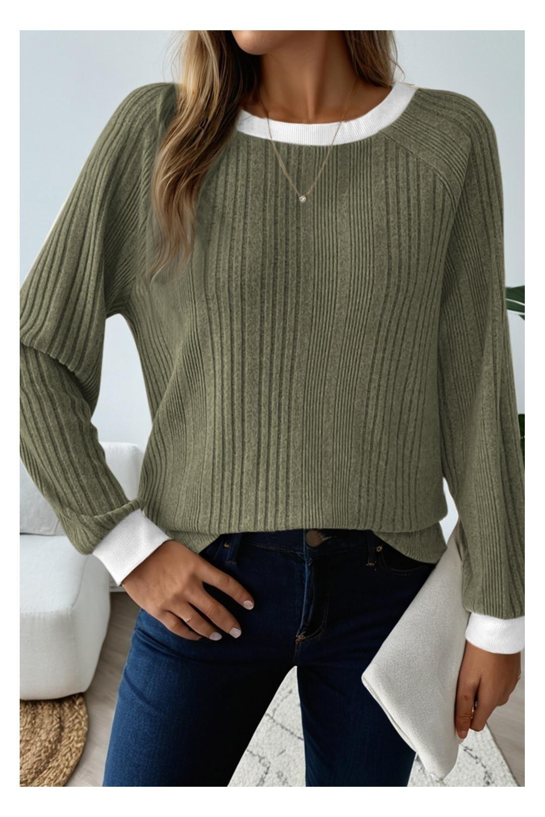Moss Green Ribbed Contrast Cuffed Round Neck Long Sleeve T Shirt by EVERYDAY THE LABEL