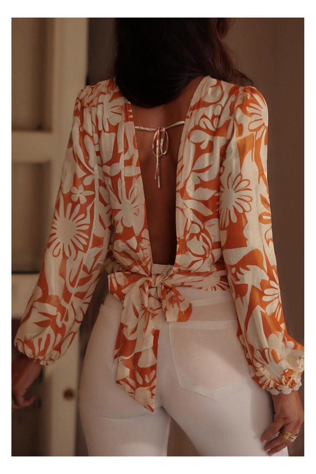 Orange Floral Print Knotted Open Back Long Sleeve Blouse by EVERYDAY THE LABEL