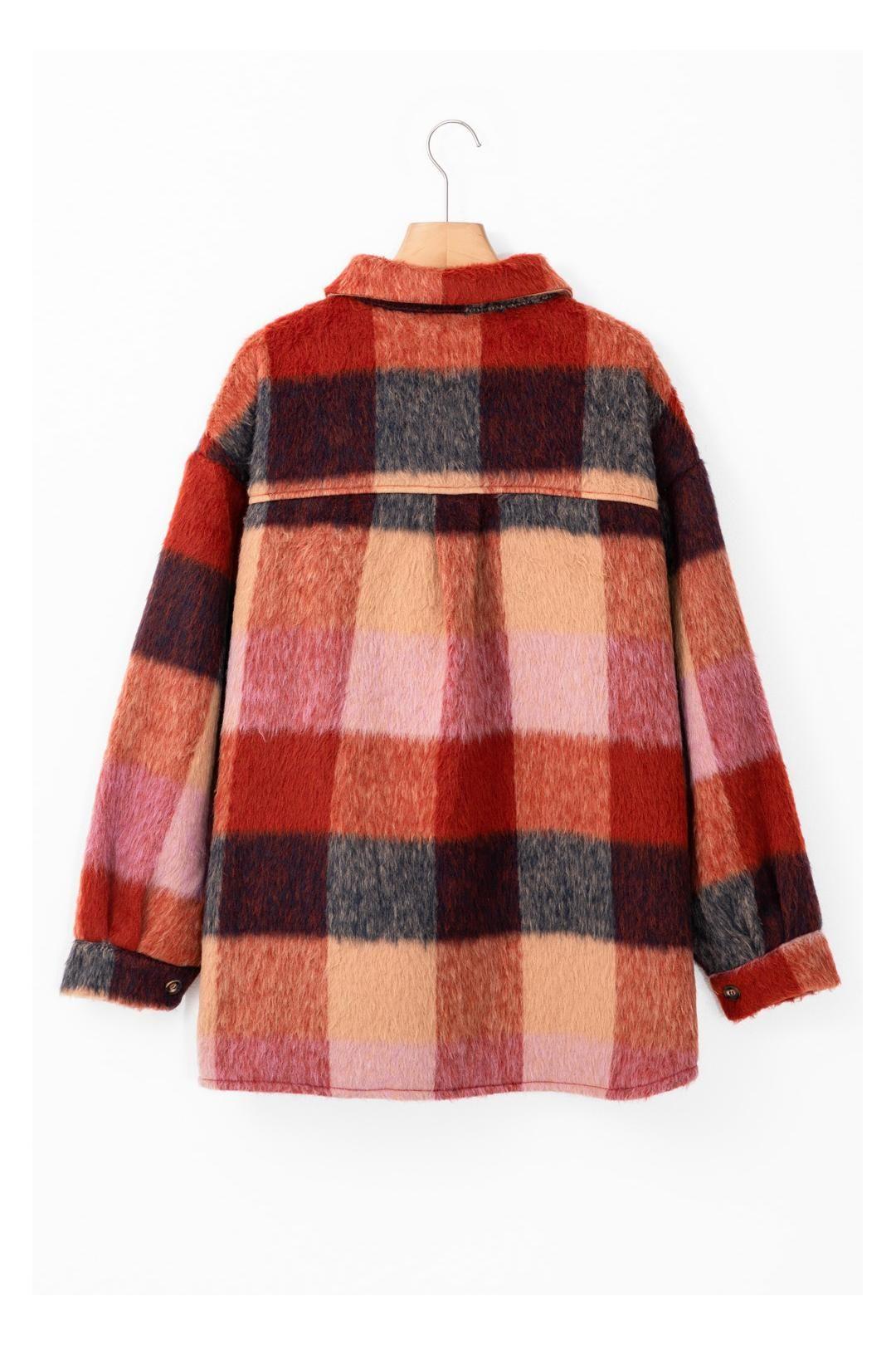 Orange Plaid Print Flap Pockets Buttoned Casual Plus Size Jacket by EVERYDAY THE LABEL