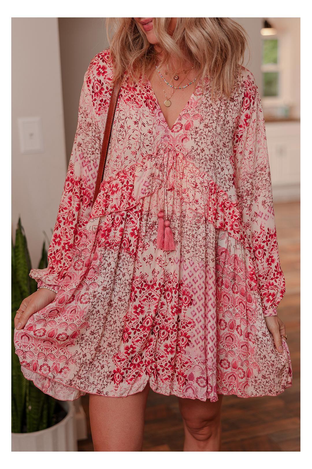 Pink Bohemian Floral Print Tassel Tie Long Sleeve Flowy Mini Dress by EVERYDAY THE LABEL