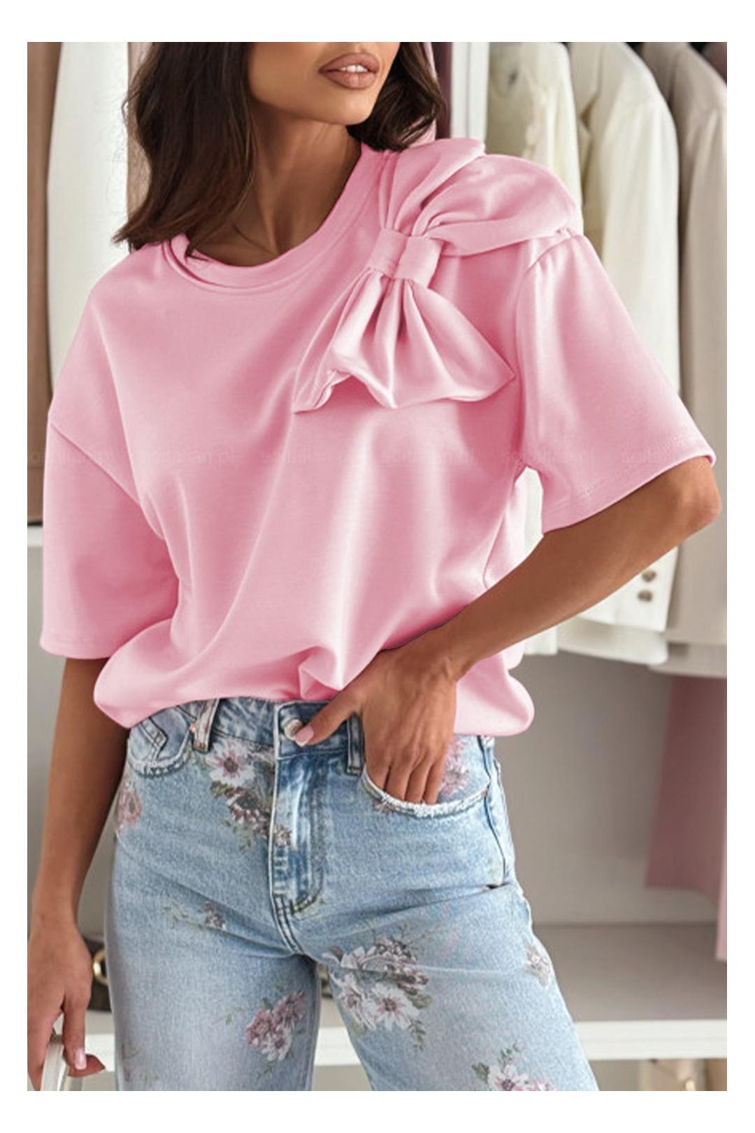 Pink Bow Applique Half Sleeve T-shirt by EVERYDAY THE LABEL