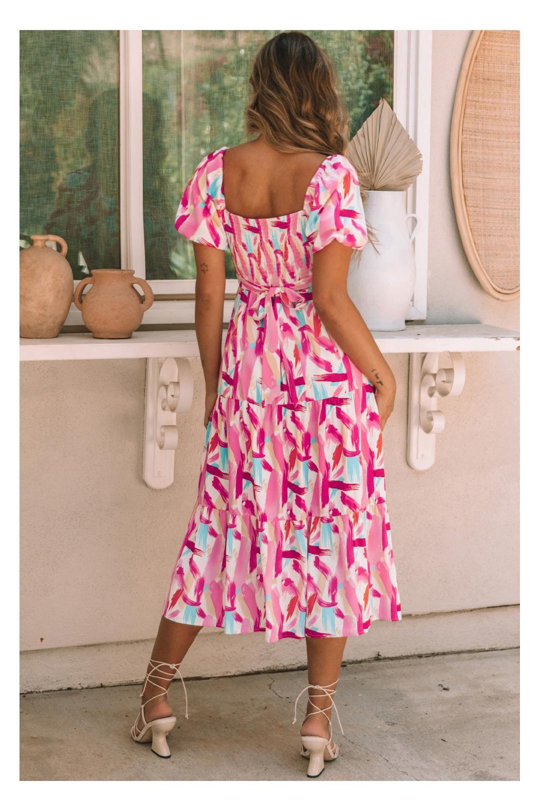 Pink Brush Stroke Printed Smocked Ruffle Tiered Dress by EVERYDAY THE LABEL