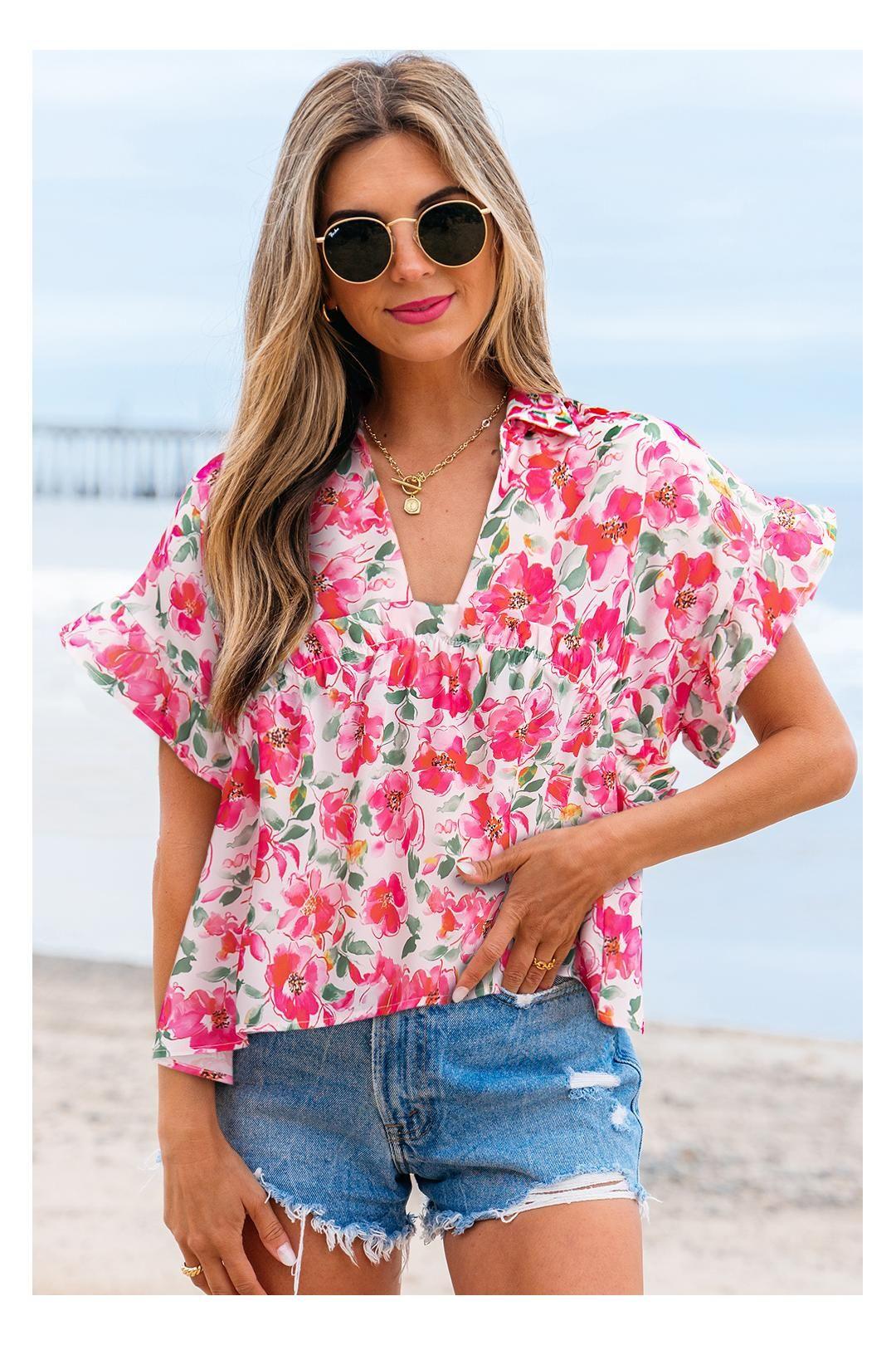 Pink Floral Boxy Fit Ruffled Short Sleeve V Neck Blouse by EVERYDAY THE LABEL