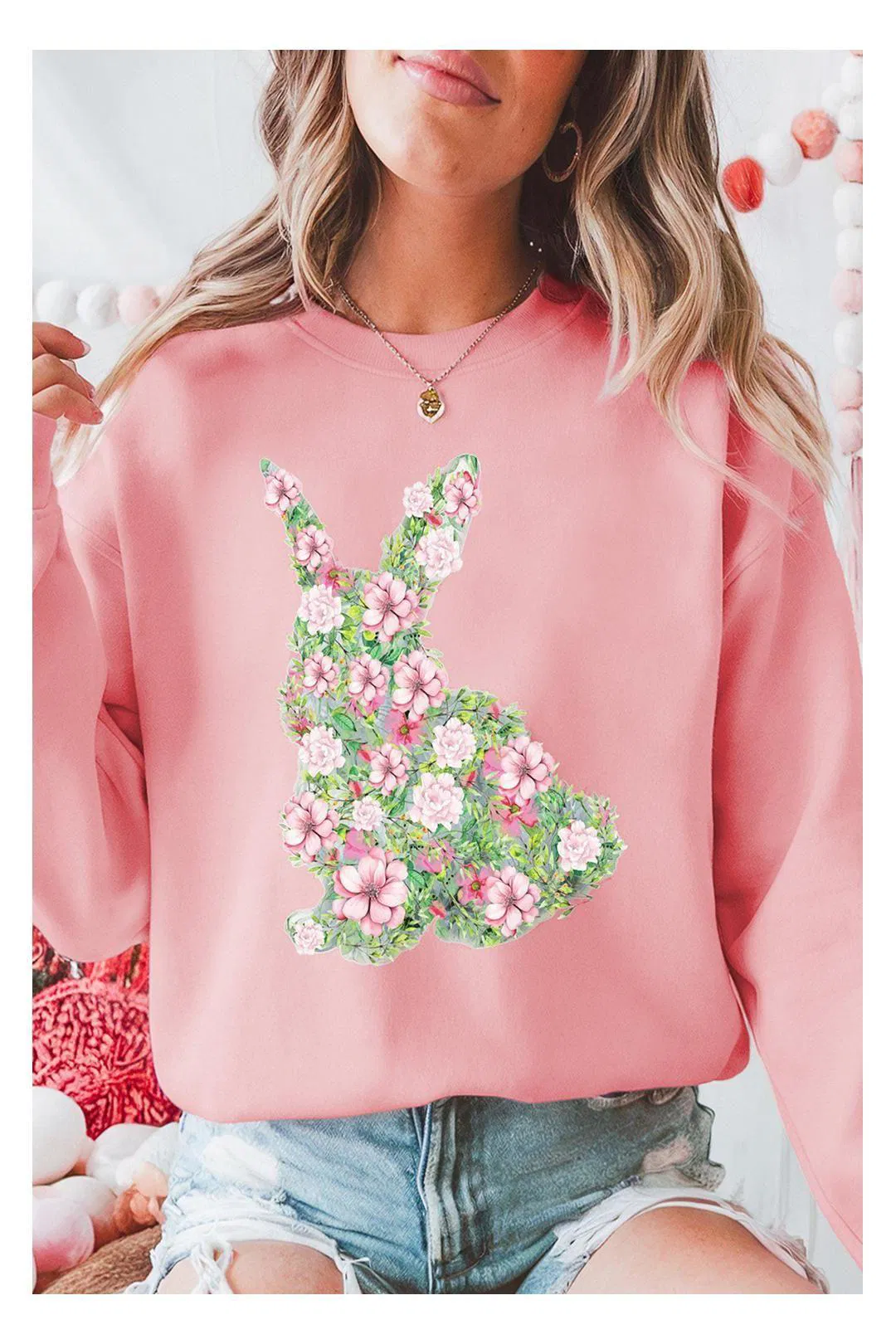 Pink Floral Bunny Printed Crewneck Easter Fashion Sweatshirt by EVERYDAY THE LABEL