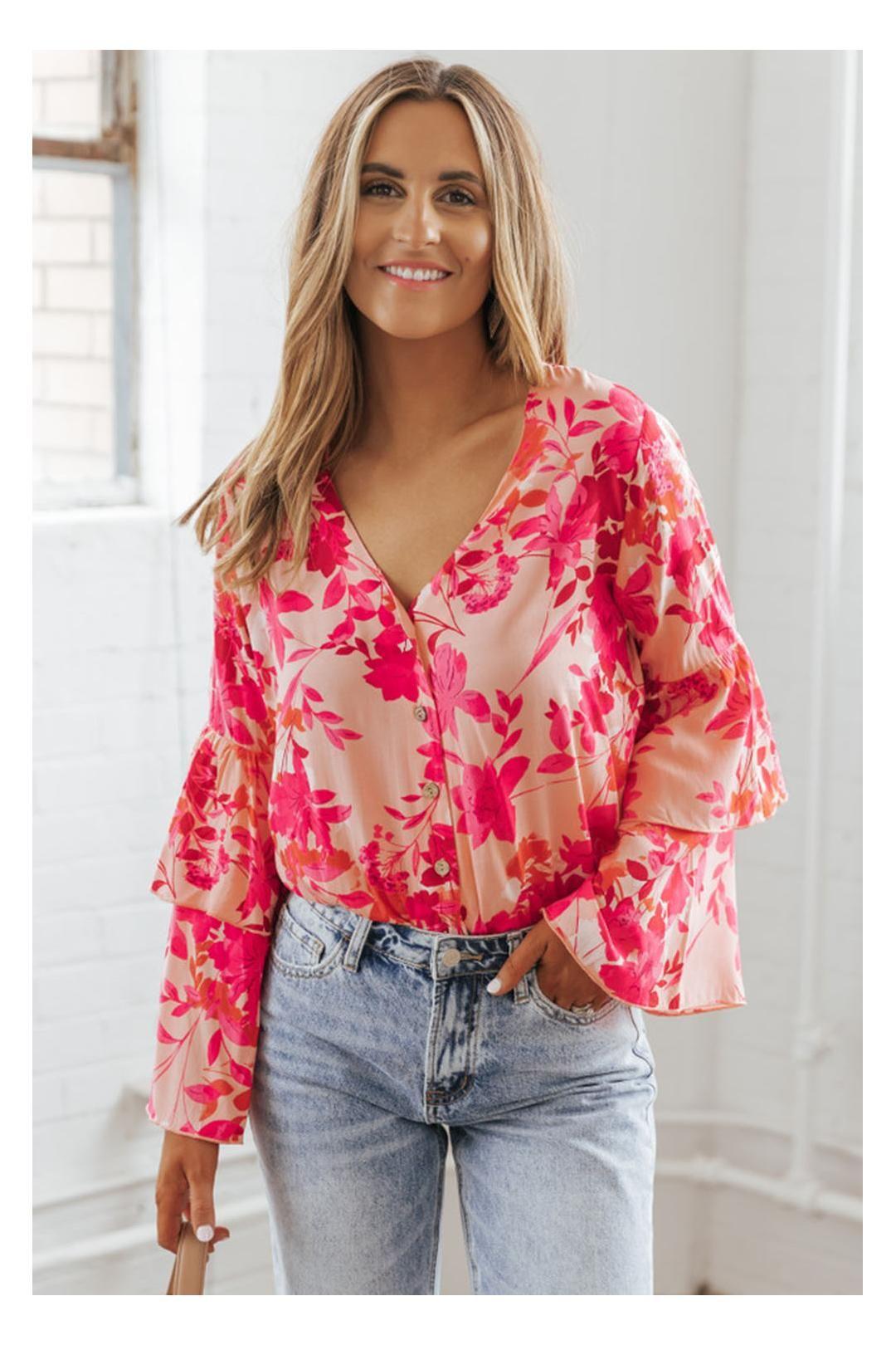 Pink Floral Print Tiered Bell Long Sleeve Buttoned Bodysuit by EVERYDAY THE LABEL Pink Floral Print Tiered Bell Long Sleeve Buttoned Bodysuit by EVERYDAY THE LABEL