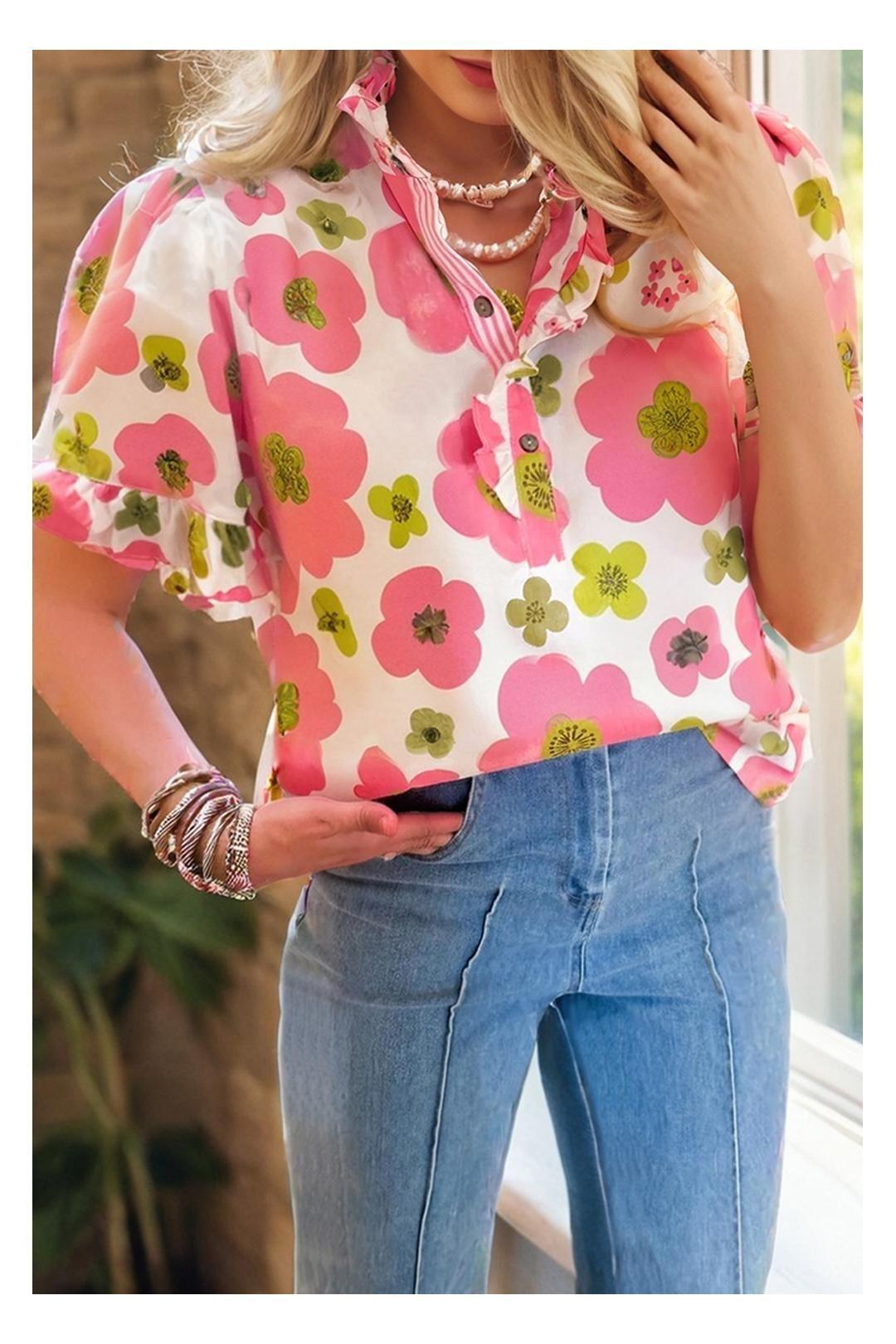 Pink Floral Ruffle Short Sleeve Striped Buttoned Collar Blouse by EVERYDAY THE LABEL Pink Floral Ruffle Short Sleeve Striped Buttoned Collar Blouse by EVERYDAY THE LABEL