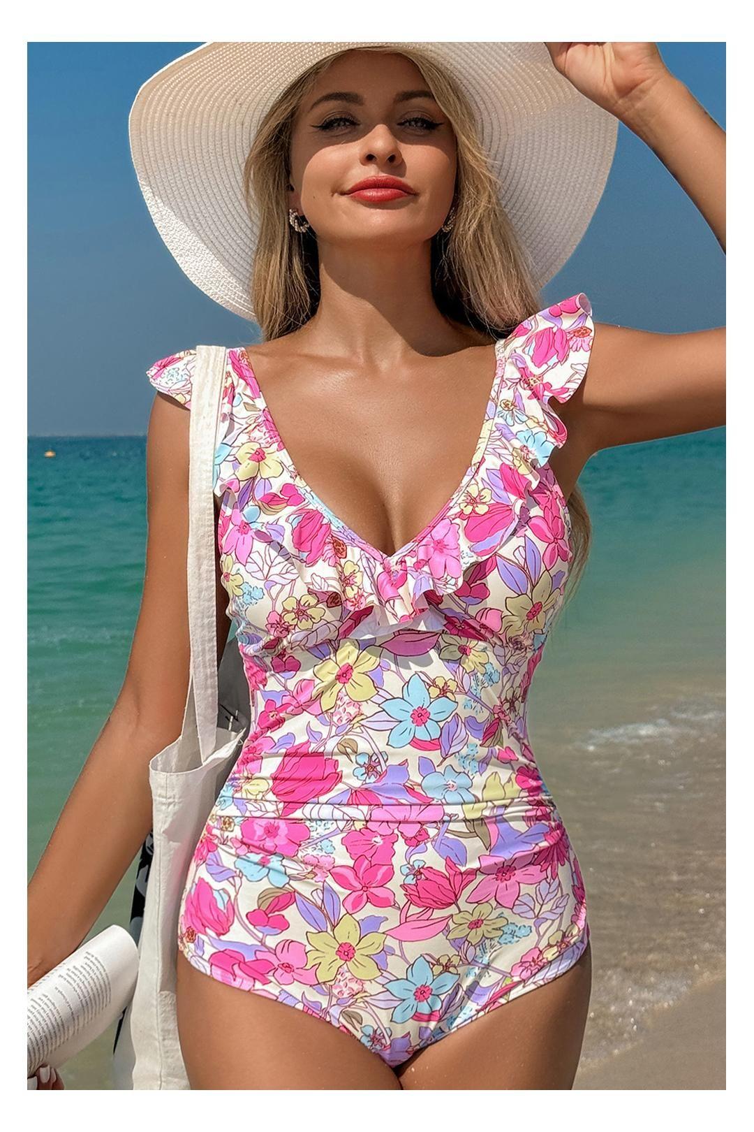 Pink Floral Ruffle Trim V Neck Lace-up Back Tummy Control One Piece by EVERYDAY THE LABEL