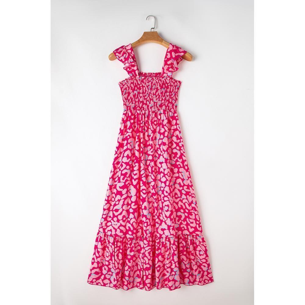 Pink Leopard Ruffle Straps Smocked High Waist Long Dress by EVERYDAY THE LABEL