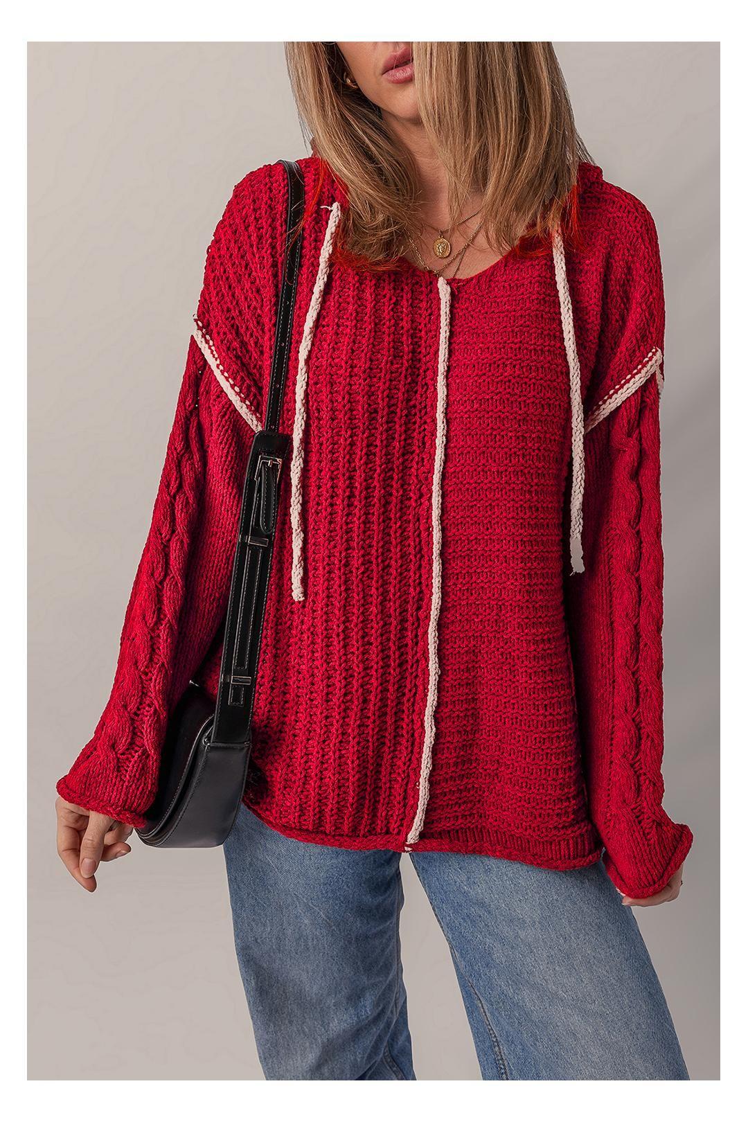 Racing Red Color Contrast Trim Textured Knit Drawstring Hooded Sweater by EVERYDAY THE LABEL