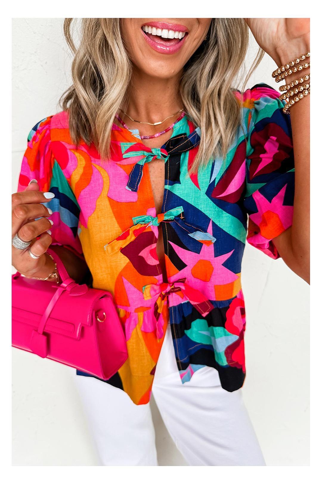 Red Abstract Floral Print Front Tied Puff Sleeve Babydoll Blouse by EVERYDAY THE LABEL