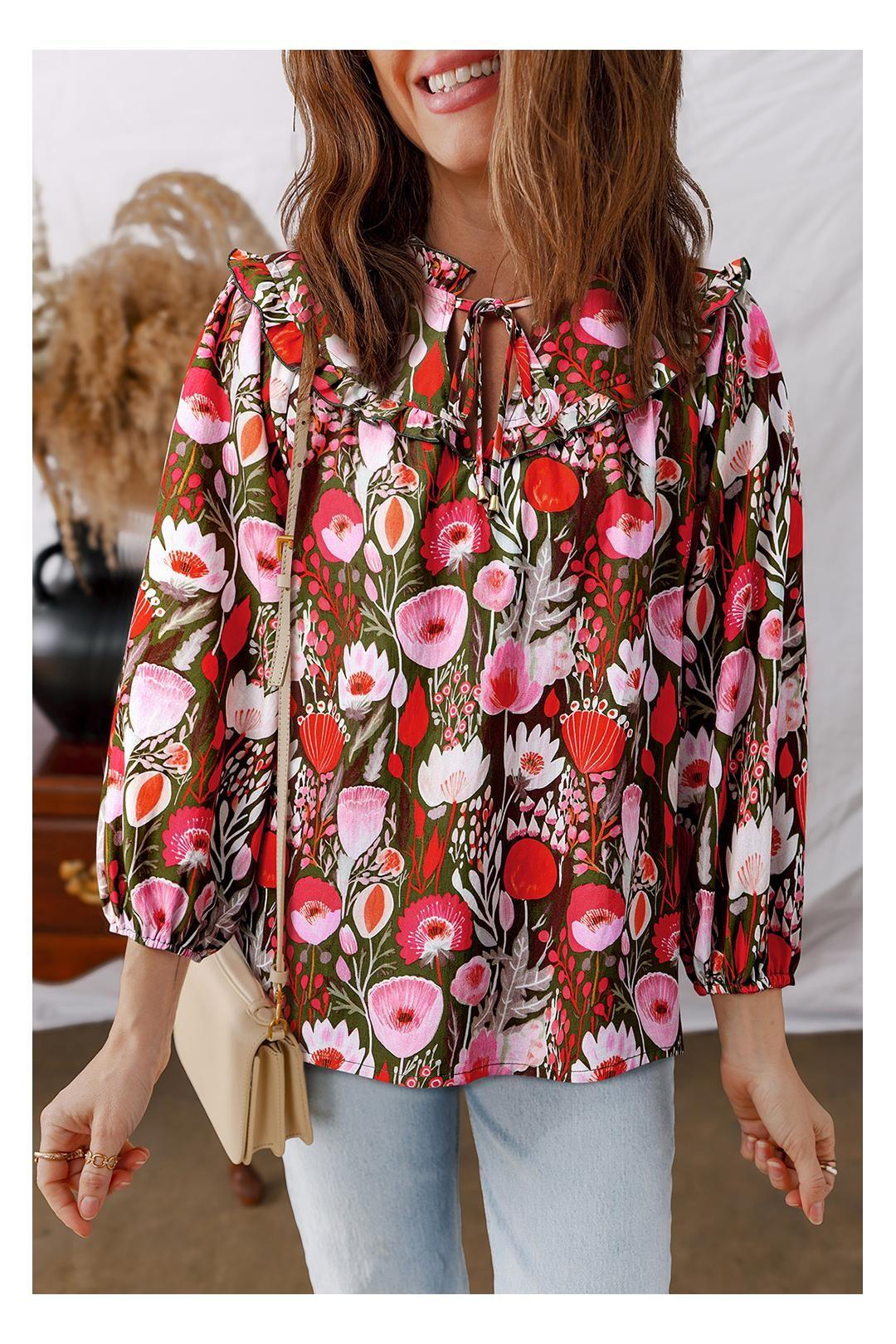 Red Floral Three Quarter Sleeve Lace-up Neck Blouse by EVERYDAY THE LABEL