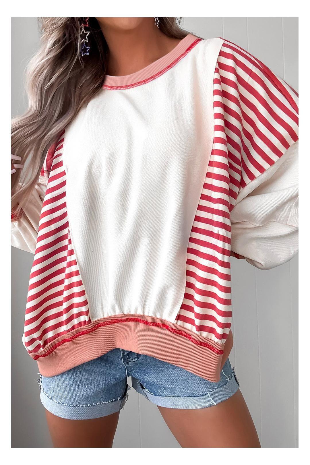 Red Stripe Colorblock Patchwork Contrast Stitching Oversize Sweatshirt by EVERYDAY THE LABEL