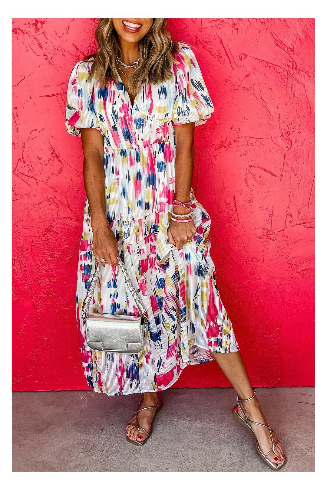 Rose Abstract Print Short Puff Sleeve Tiered Maxi Dress by EVERYDAY THE LABEL Rose Abstract Print Short Puff Sleeve Tiered Maxi Dress by EVERYDAY THE LABEL