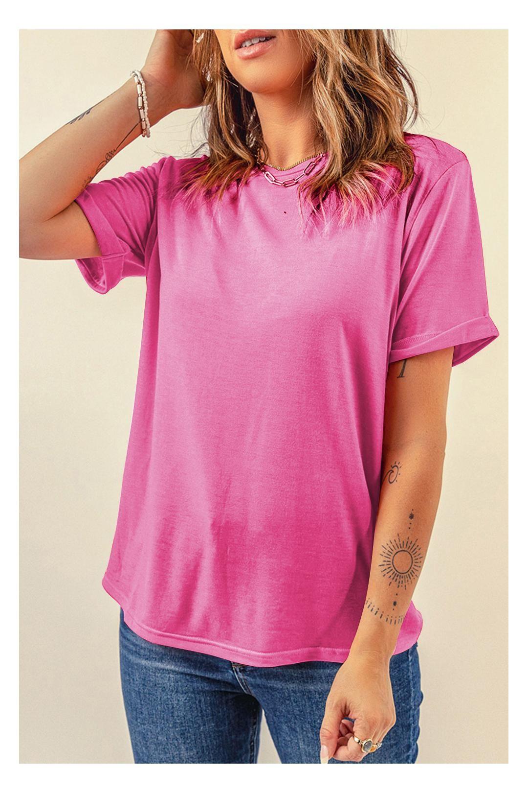 Sachet Pink Bright Casual Plain Crew Neck Tee by EVERYDAY THE LABEL