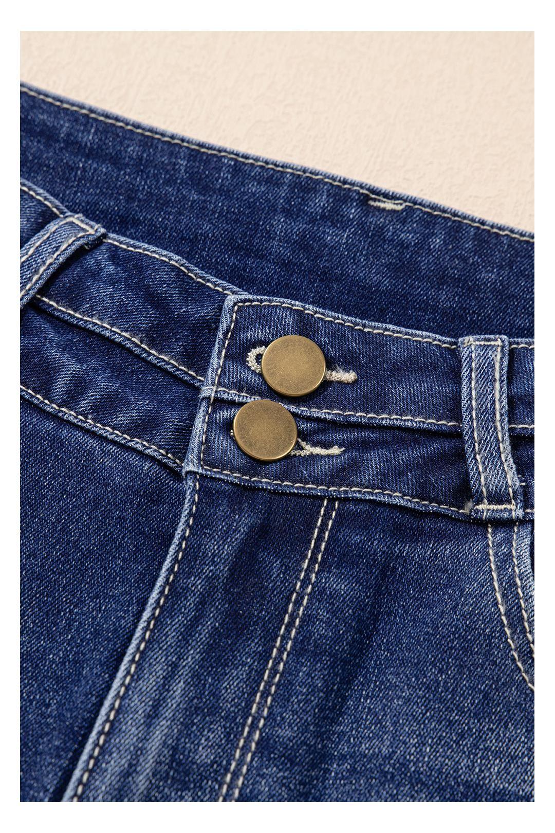 Sail Blue High Rise Dual Button Distressed Raw Hem Flared Jeans by EVERYDAY THE LABEL