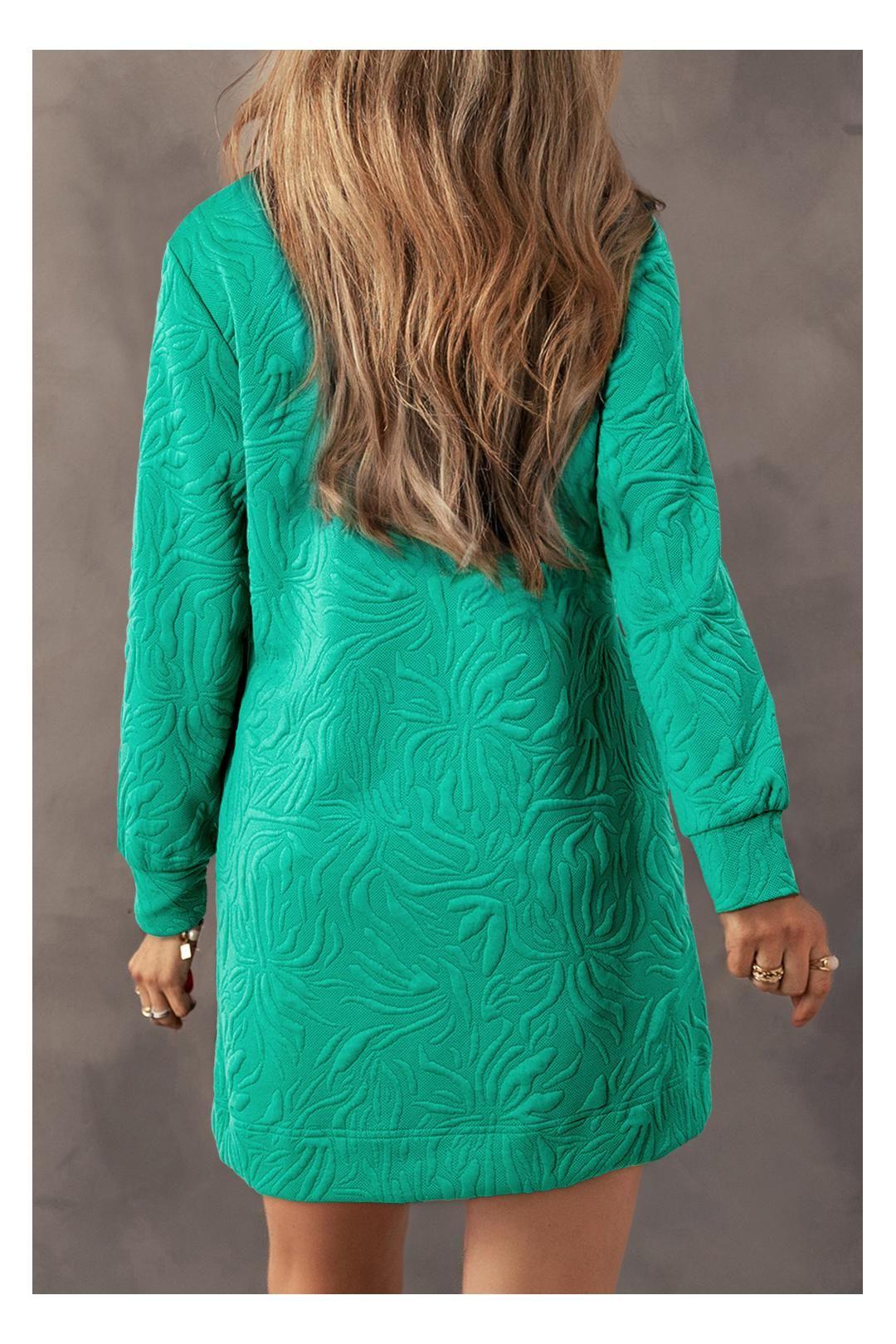 Sea Green Jacquard Textured Quarter Zipper Shift Mini Dress by EVERYDAY THE LABEL