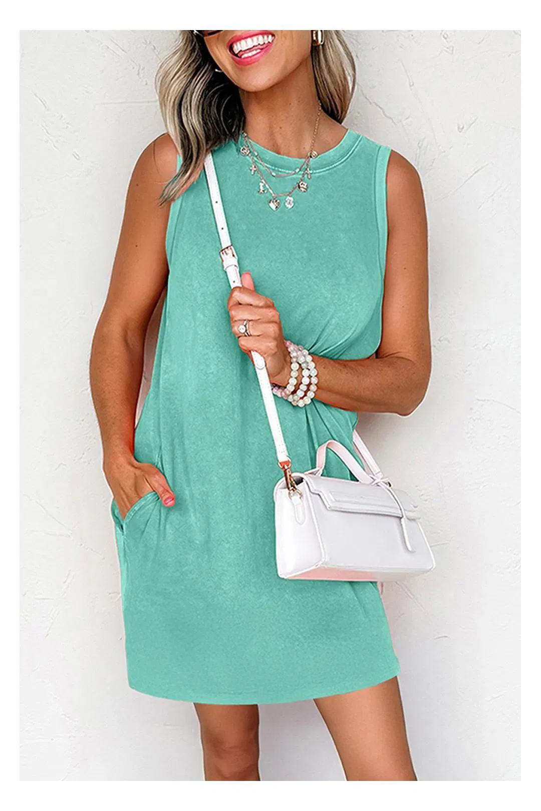 Sea Green Mineral Wash Tank Mini Dress with Pockets by EVERYDAY THE LABEL