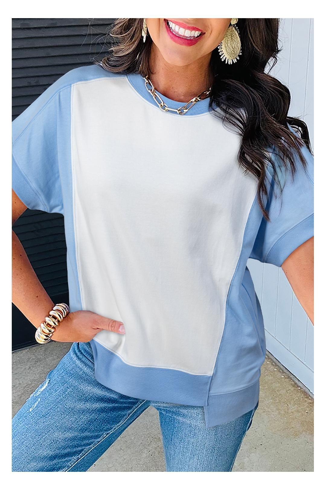 Sky Blue Color Block Exposed Seam Crew Neck T Shirt by EVERYDAY THE LABEL