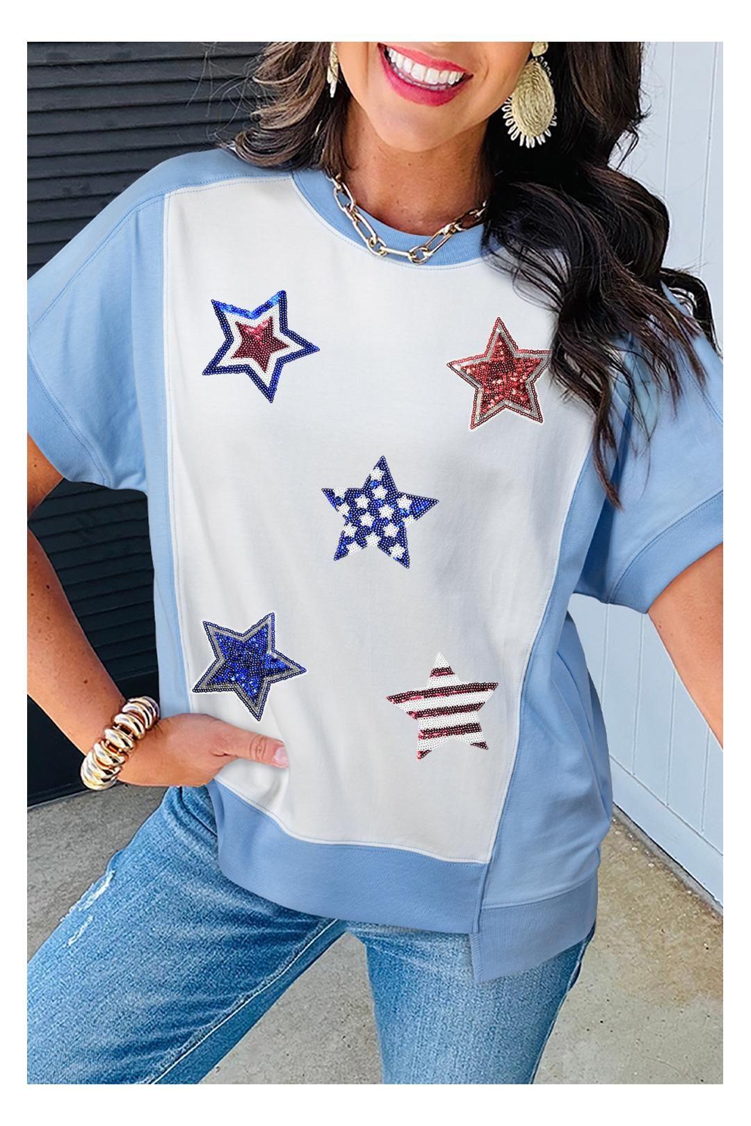 Sky Blue Patriotic Star Patched Colorblock T Shirt by EVERYDAY THE LABEL