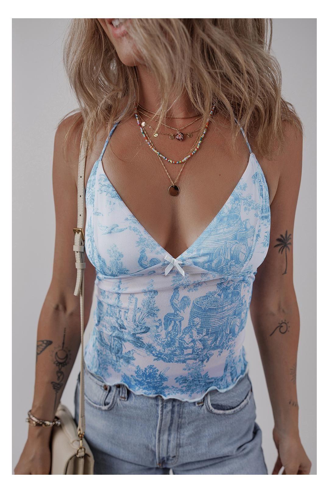 Sky Blue Random Printed Mesh Bow Detail Halterneck Tank Top by EVERYDAY THE LABEL