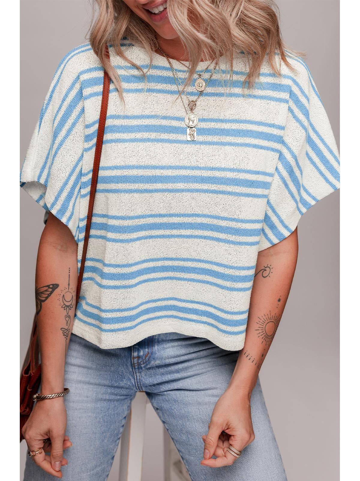 Sky Blue Stripe Boxy Fit Wide Sleeve Sweater T Shirt by EVERYDAY THE LABEL