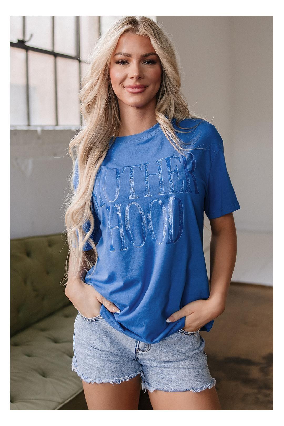 Sky Blue Vintage MOTHERHOOD Letter Graphic T Shirt by EVERYDAY THE LABEL