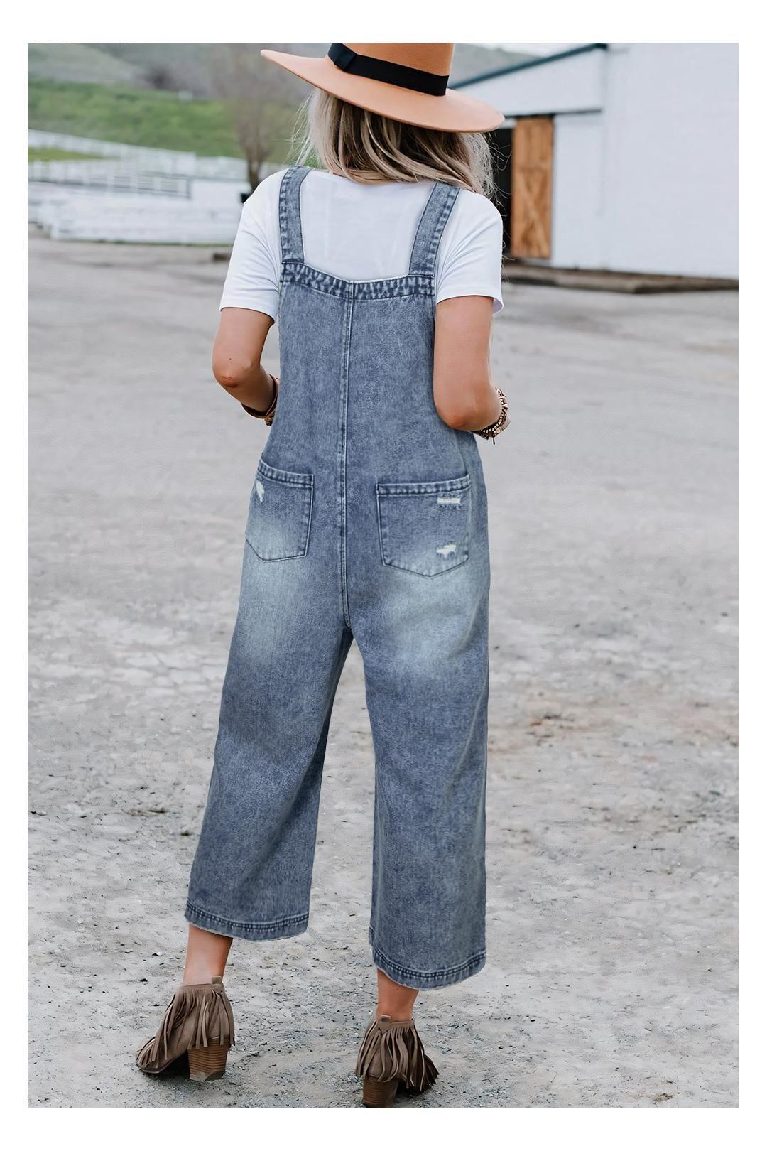 Stone Blue Distressed Bib Pocket Wide Leg Denim Overall by EVERYDAY THE LABEL
